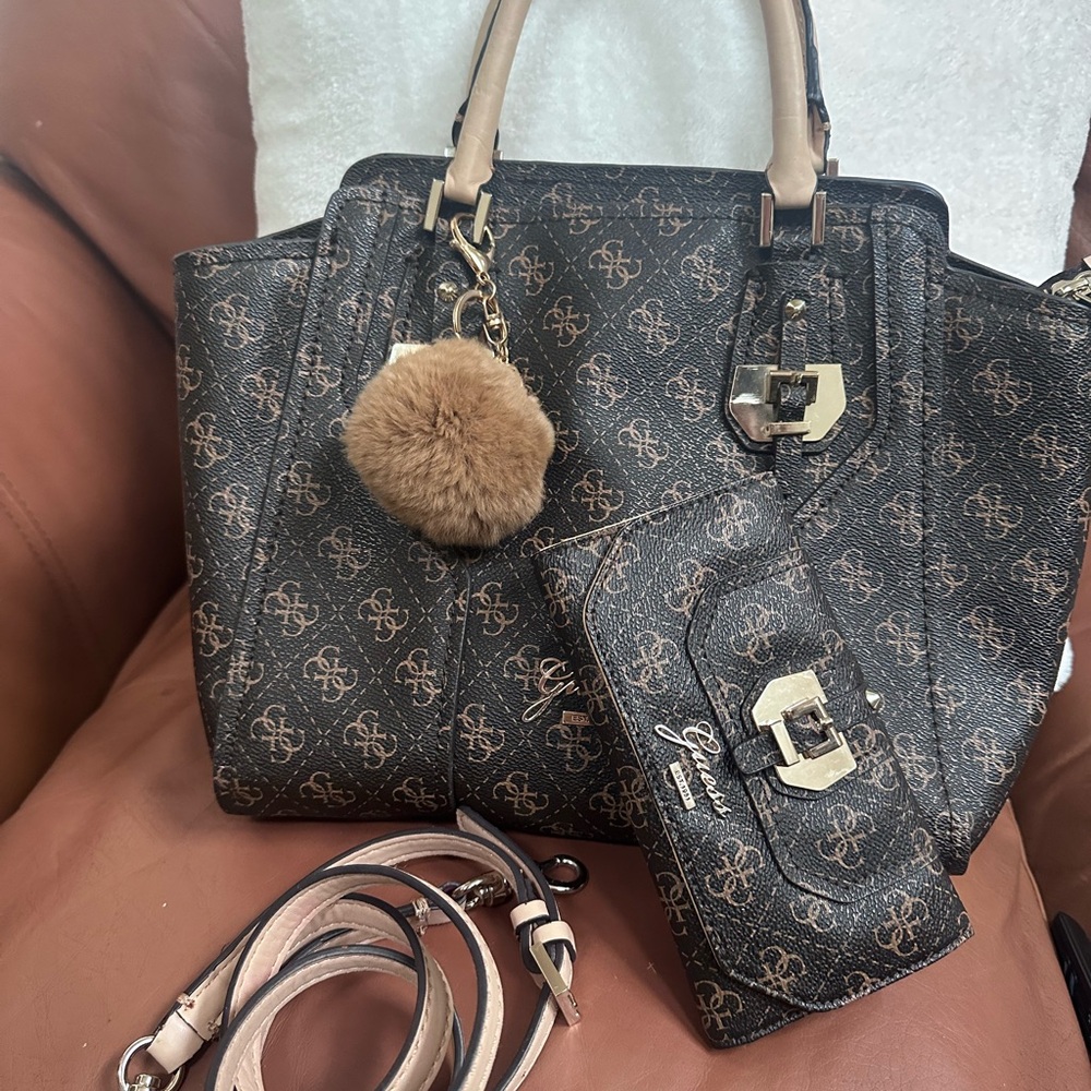 Guess Black and Brown Satchel with matching wallet
